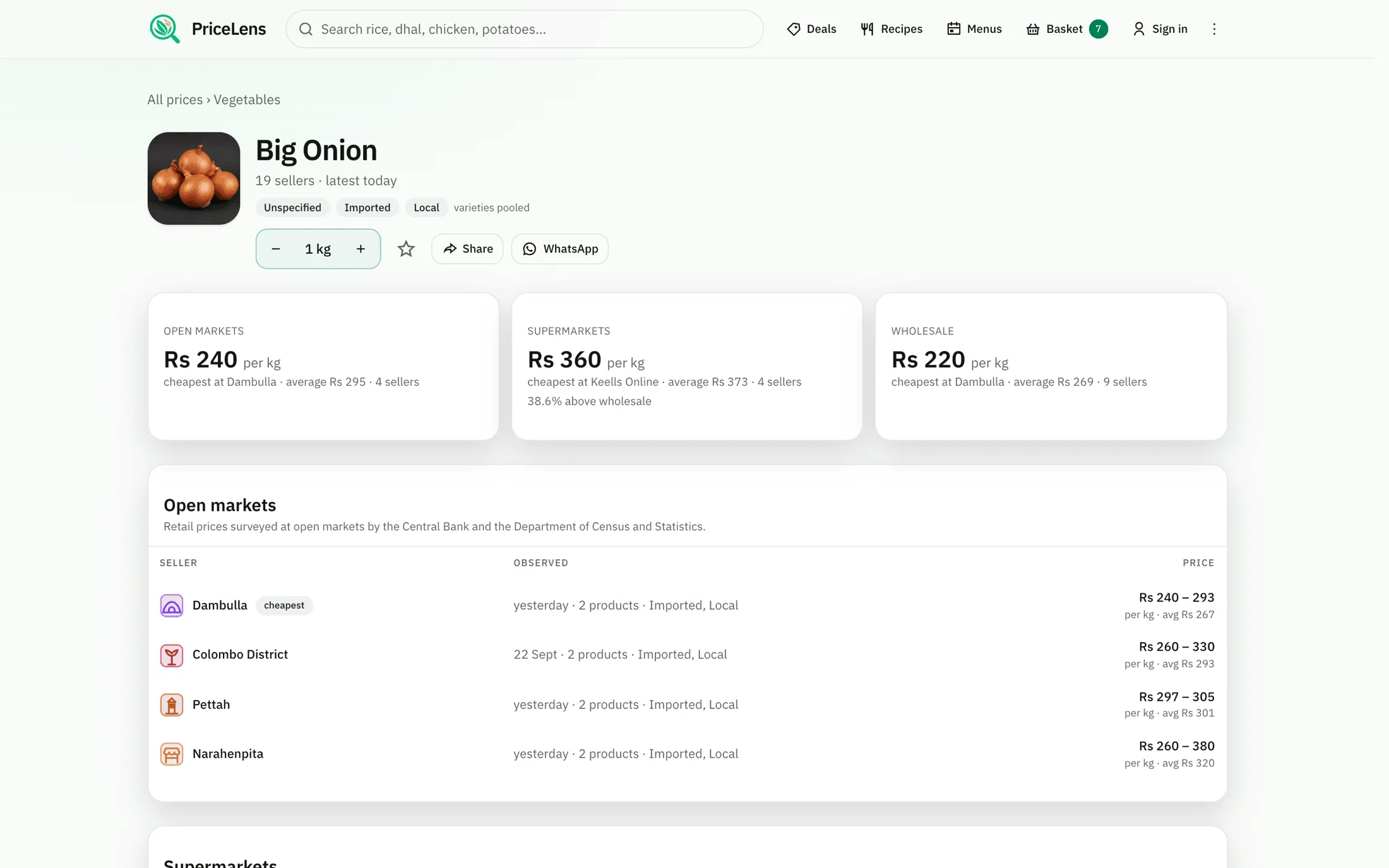 Big Onion page with the cheapest open-market, supermarket and wholesale prices and each seller’s observation date