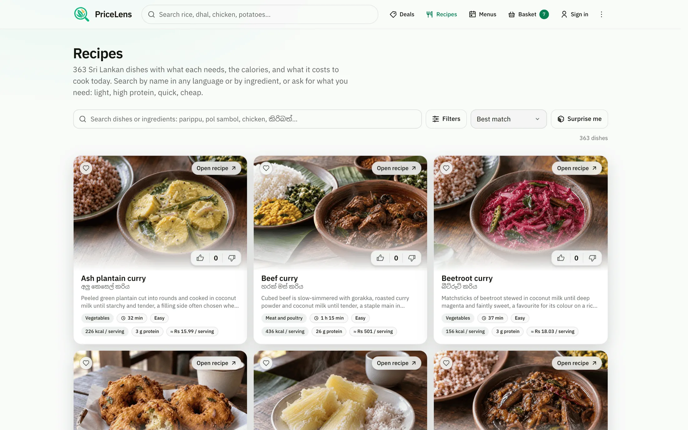 Catalogue of Sri Lankan dishes with time, calories and cost per serving