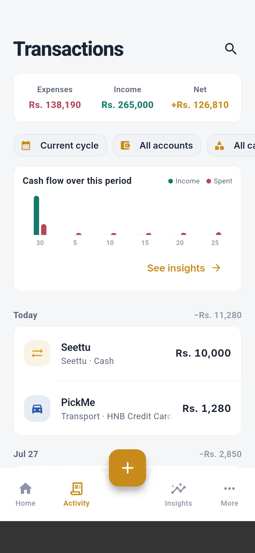 Salli transaction activity with sample income and expenses
