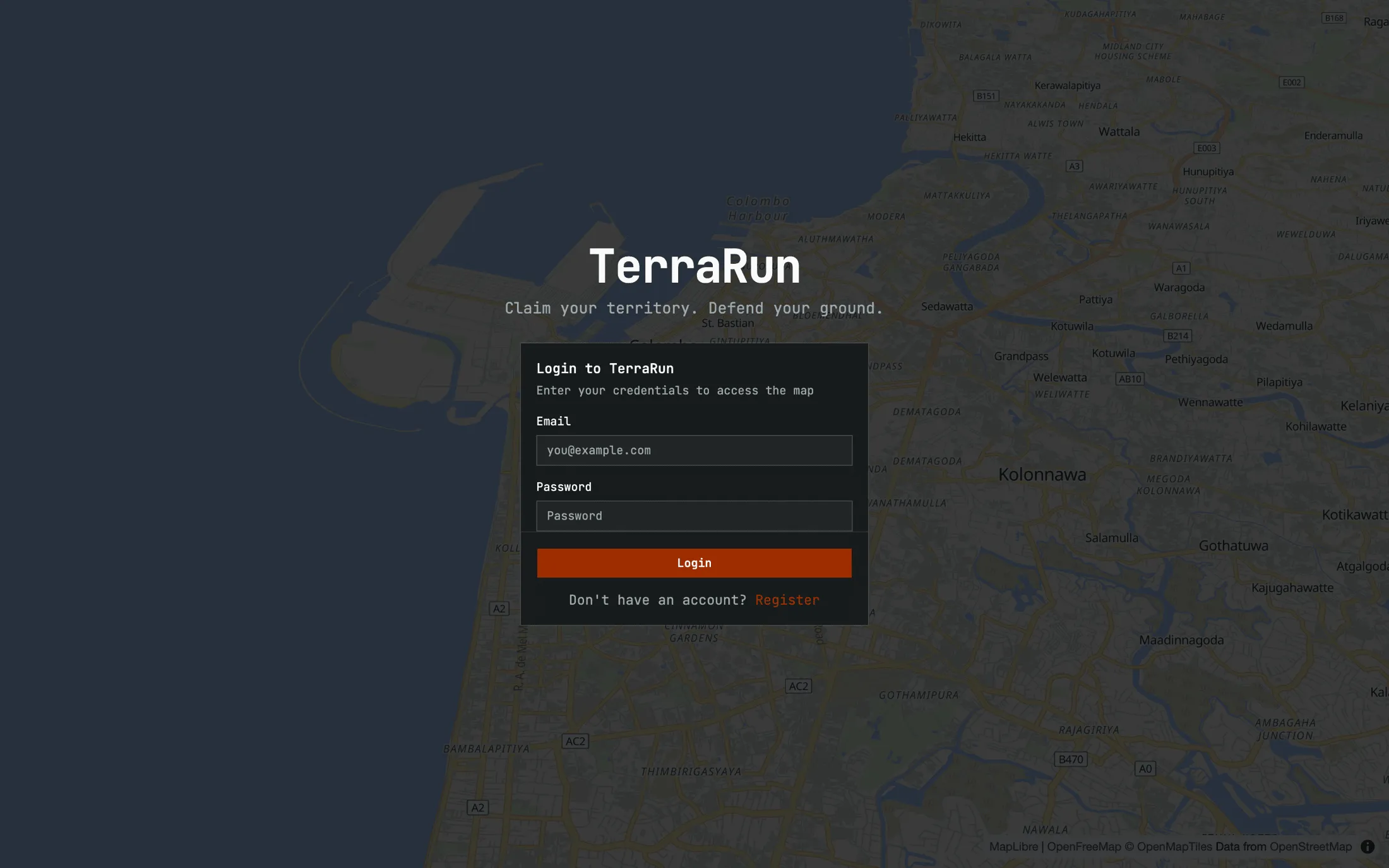 TerraRun title and sign-in card over a dimmed map of Colombo