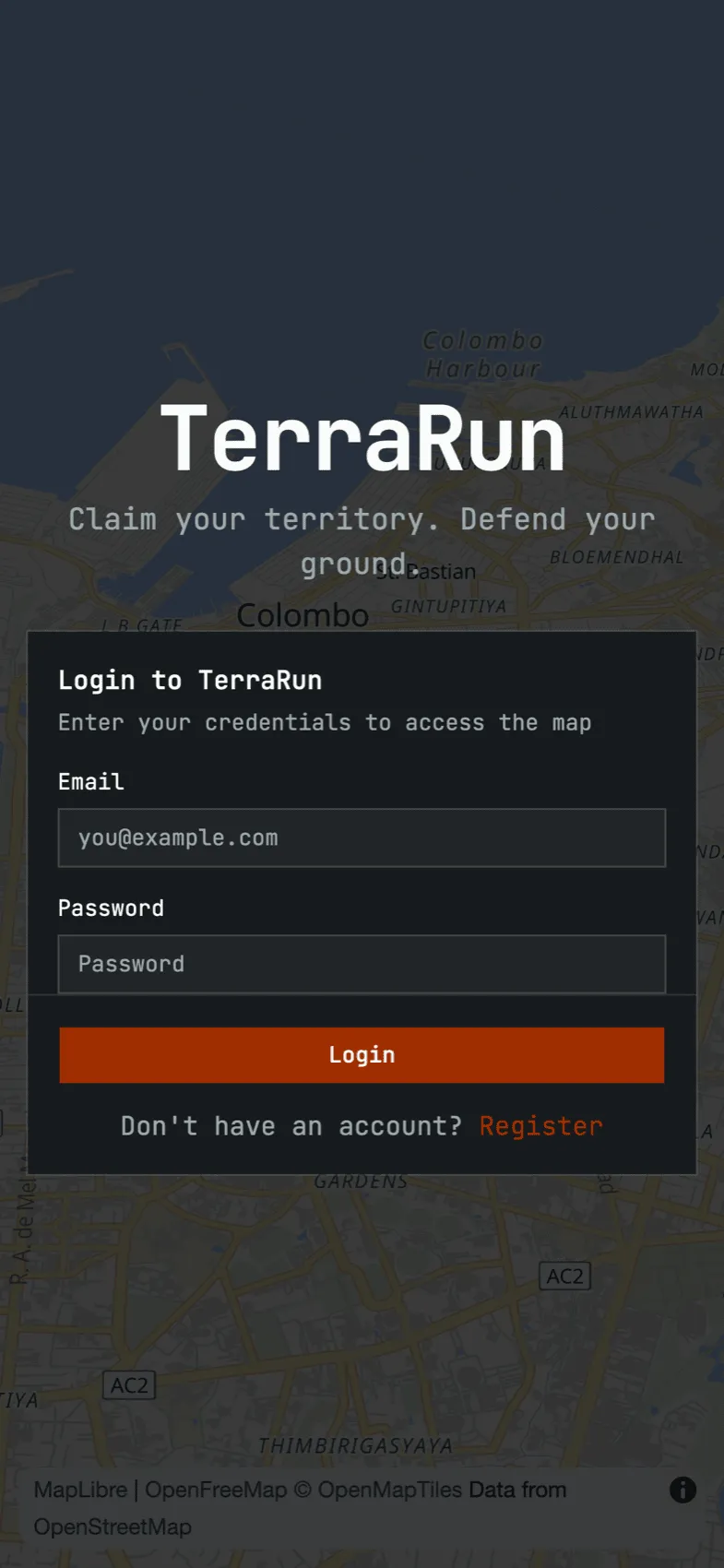 The TerraRun sign-in card over a map on a phone