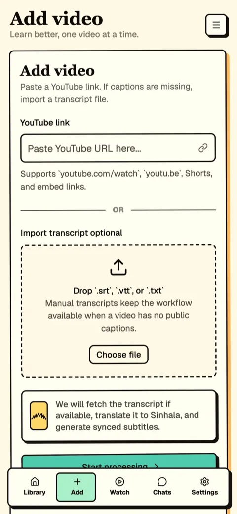 Vidura screen for adding a YouTube video to translate